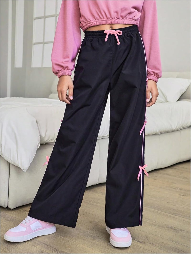 WDIRARA Girl's Bow Side Waist Track Pants Cute Wide Leg Trousers - Image 3
